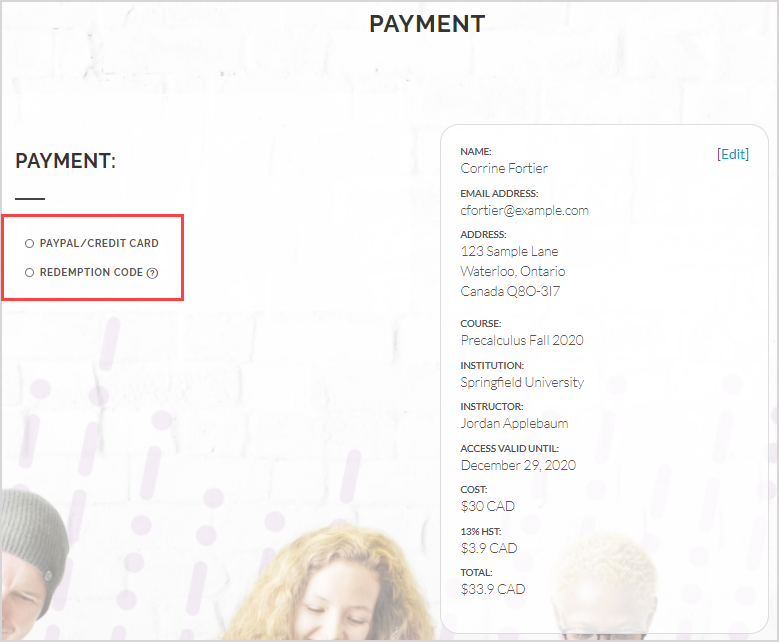 The Payment page is shown with the two options of PayPal/credit card and redemption code.
